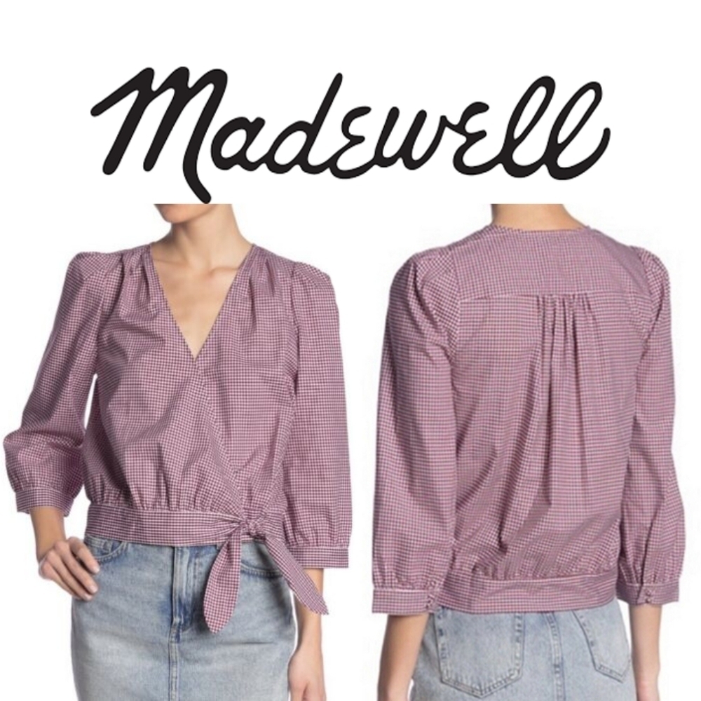 MADEWELL Burgundy Gingham Wrap Blouse/Top with 3/4 Sleeves